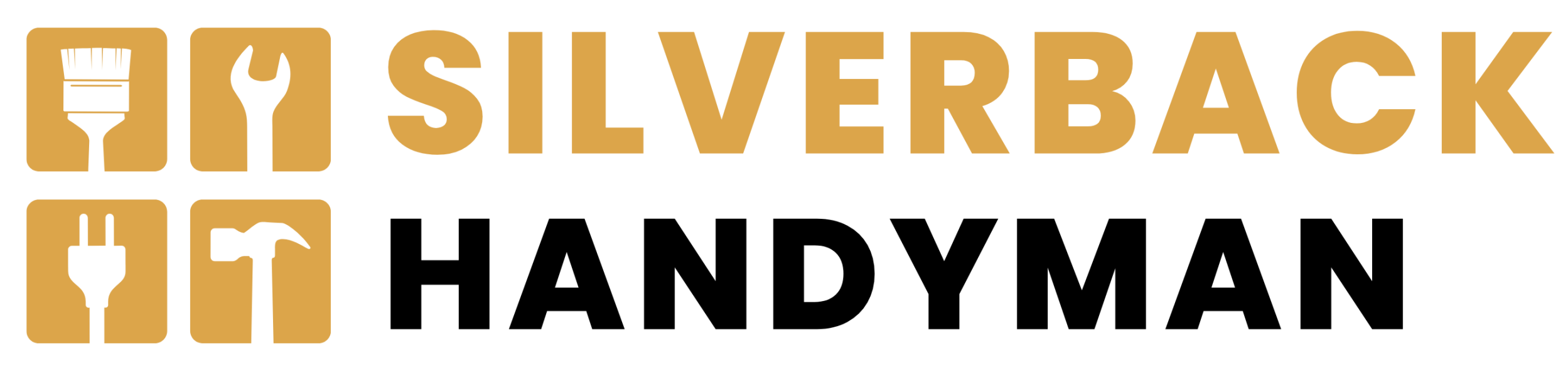Silverback logo with icons of a paintbrush, spanner, plug, and hammer in gold against a transparent background