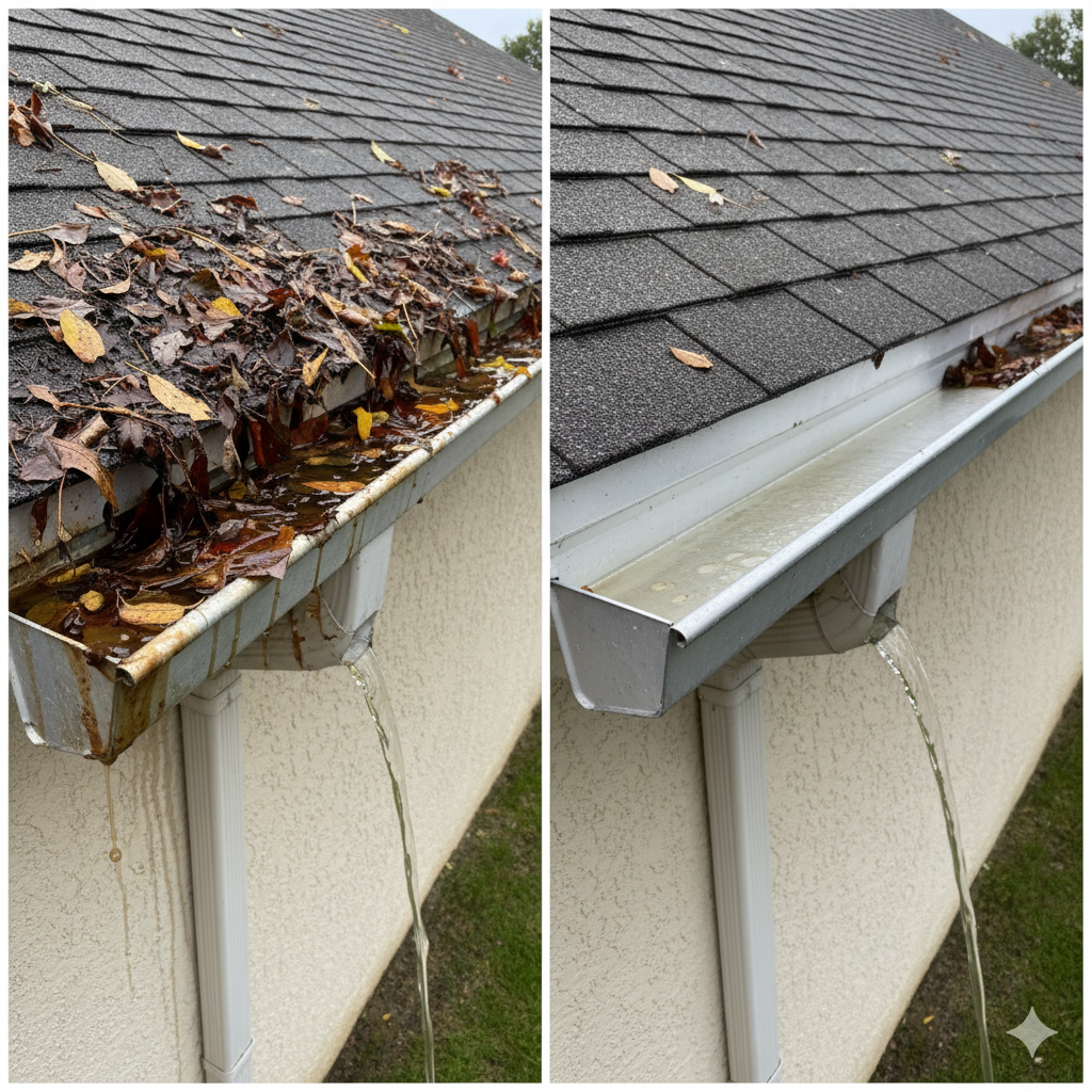 A worker cleaning gutters on a house in Miami, Florida, with tools and debris visible in the bright, sunny environment