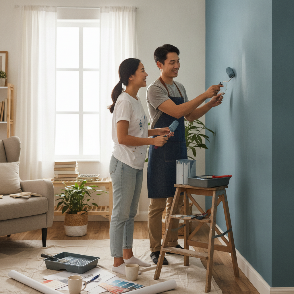 Couple painting a blue wall together at home